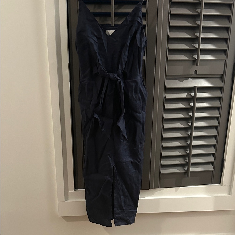 Reiss Linen Navy Sleeveless V-Neck Tie-Waist Midi Dress